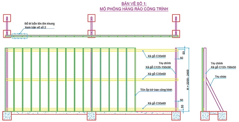 bản vẽ thiết kế hàng rào tôn công trường